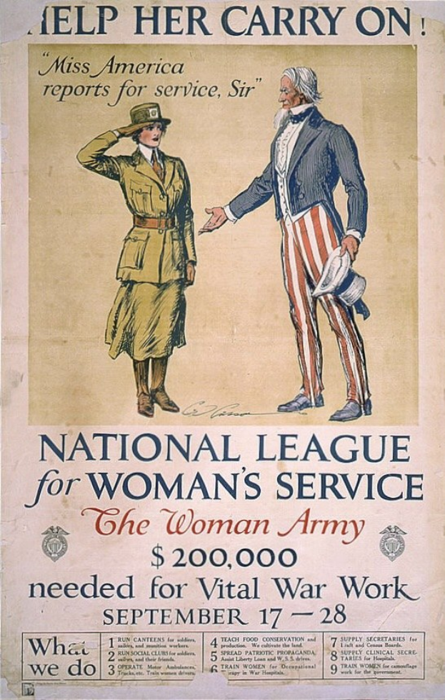 Ein Plakat der Nationalen Liga für Frauen-Dienst mit zwei Personen, die nebeneinander stehen, und Text, der Informationen über die Organisation und ihre Mission enthält.