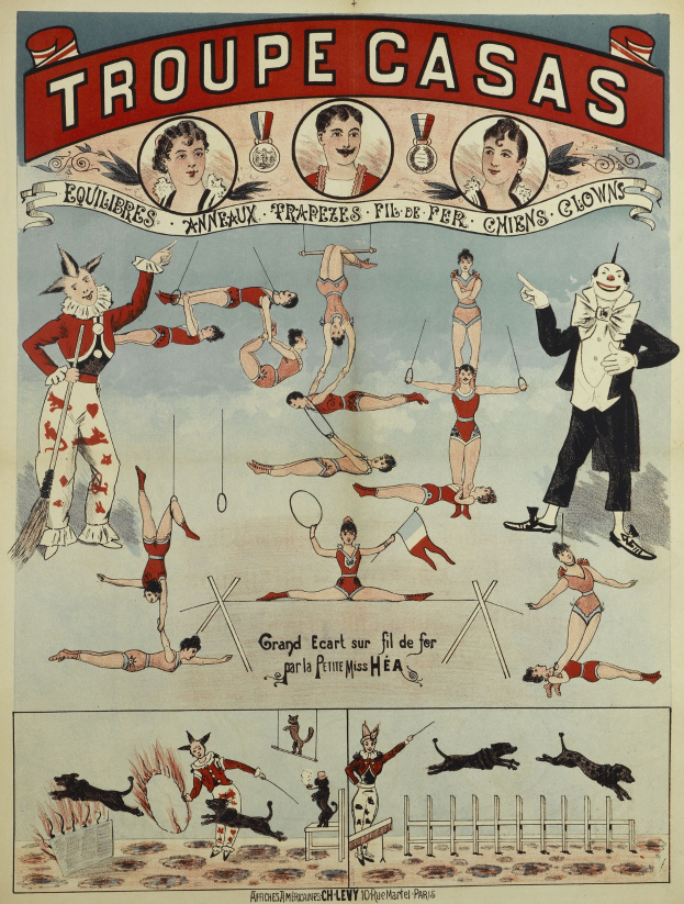 Zirkusposter in Paris, Frankreich, das "Troupe Casas" mit Bildern von Künstlern in bunten Kostümen und Masken sowie Tieren ankündigt.