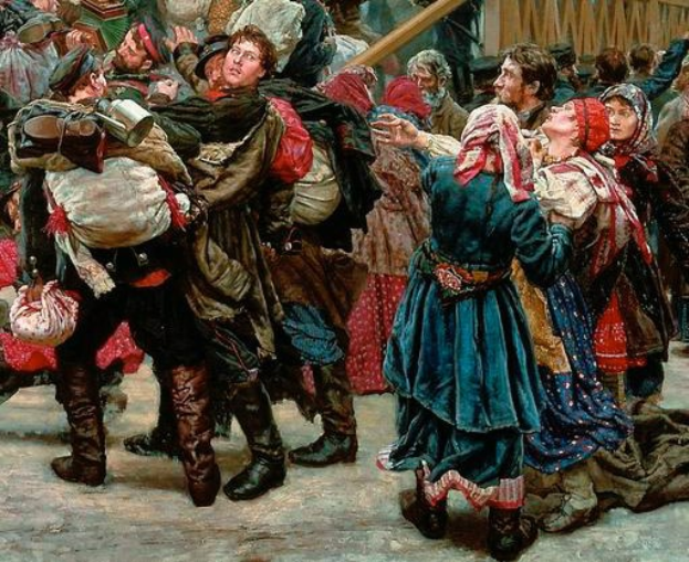 Gemälde, das eine lebendige Szene von Menschen zeigt, die in traditioneller russischer Kleidung während der Russischen Revolution tanzen und einige Gegenstände halten, vor einem Holzhaus und einer Menge.