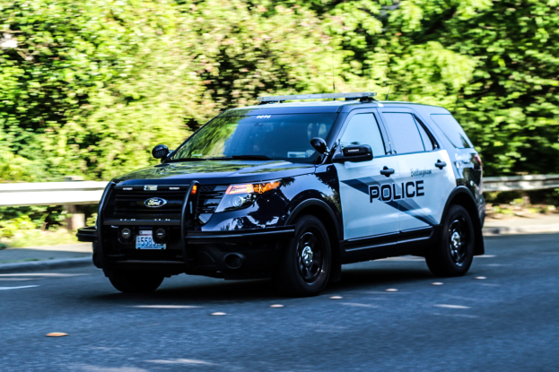 Ein Polizeiwagen fährt auf einer Straße mit Bäumen im Hintergrund, auf dessen Seite Text und Zahlen zu sehen sind, mit einem sichtbaren Rad.