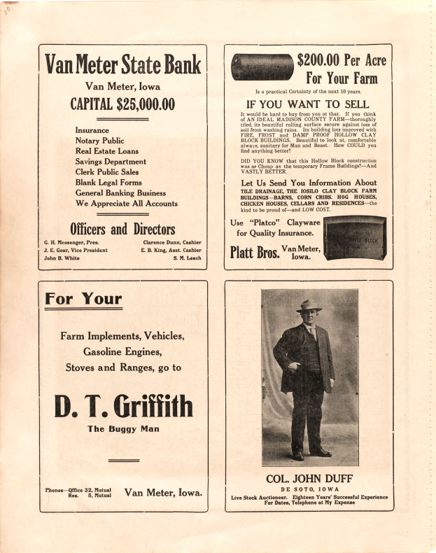 Eine alte Werbung für die Van Meter State Bank mit einem Mann im Anzug und Hut, auf der Text die Dienstleistungen der Bank anpreist.