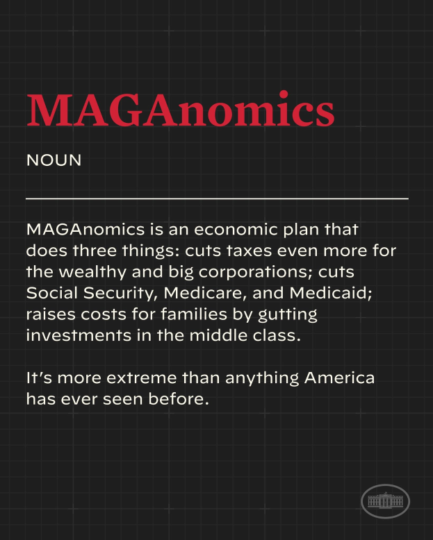 Plakat mit fettem schwarzem Text auf einem weißen Hintergrund, eingerahmt von einem schmalen schwarzen Rand, das "Maganomics: Ein Wirtschaftsplan, der drei Dinge tut - Steuern für die Reichen und große Unternehmen weiter senkt." zeigt.