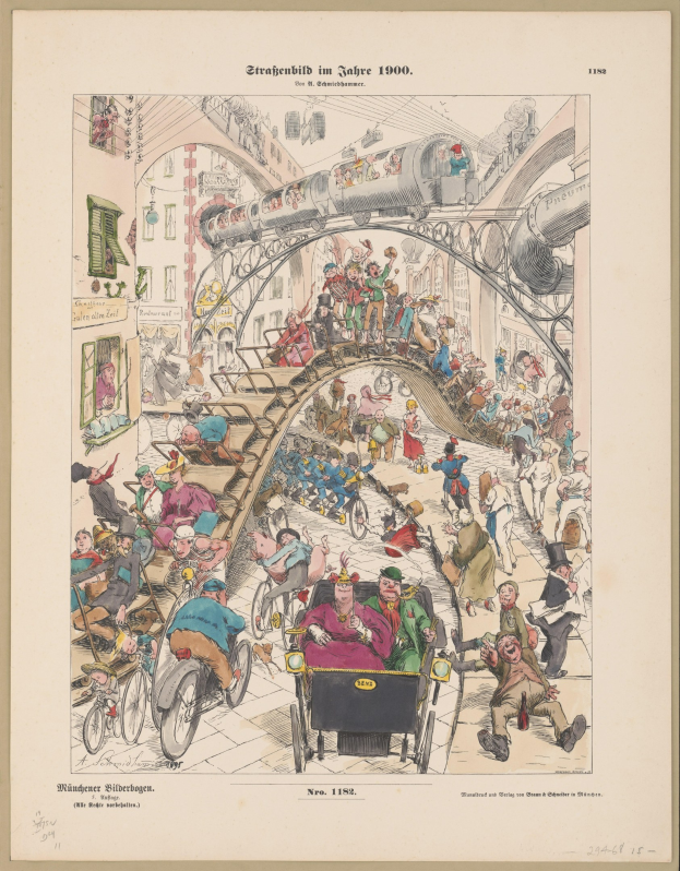 Schwarze-Weiß-Zeichnung einer belebten Bahnhalle im Jahr 1900, eingerahmt von einem Fotorand, mit Menschen, die nach oben und nach unten schauen.