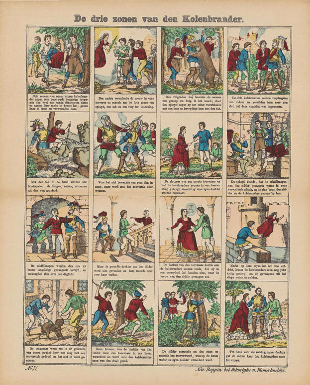 Eine offene Buchseite mit einer Karikatur eines Mannes und einer Frau, die kämpfen, umgeben von Text und zusätzlichen Bildern.
