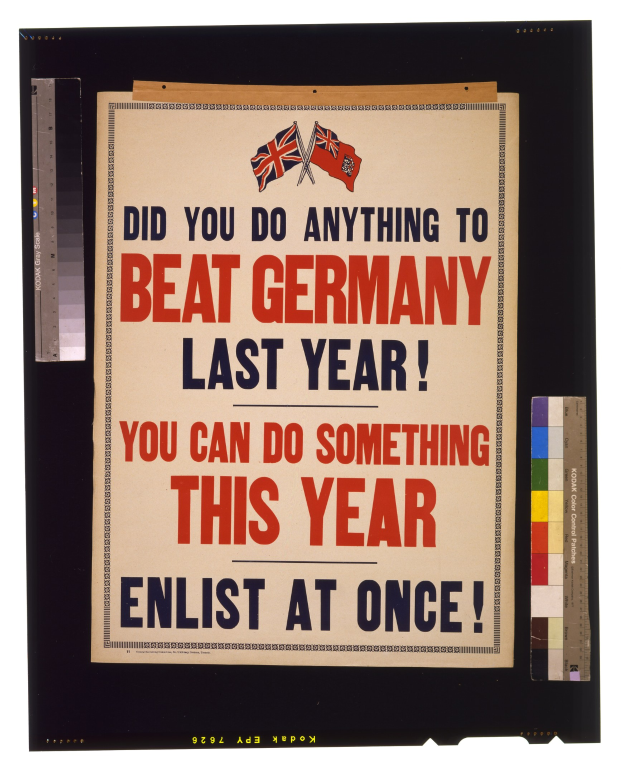 Plakat mit fetter schwarzer Schrift auf einem weißen Hintergrund, eingerahmt von einem schwarzen Rand, das zur Einberufung aufruft mit der Botschaft "Hast du letzten Jahr etwas gegen Deutschland unternommen? Du kannst dieses Jahr etwas tun - melde dich jetzt an!"