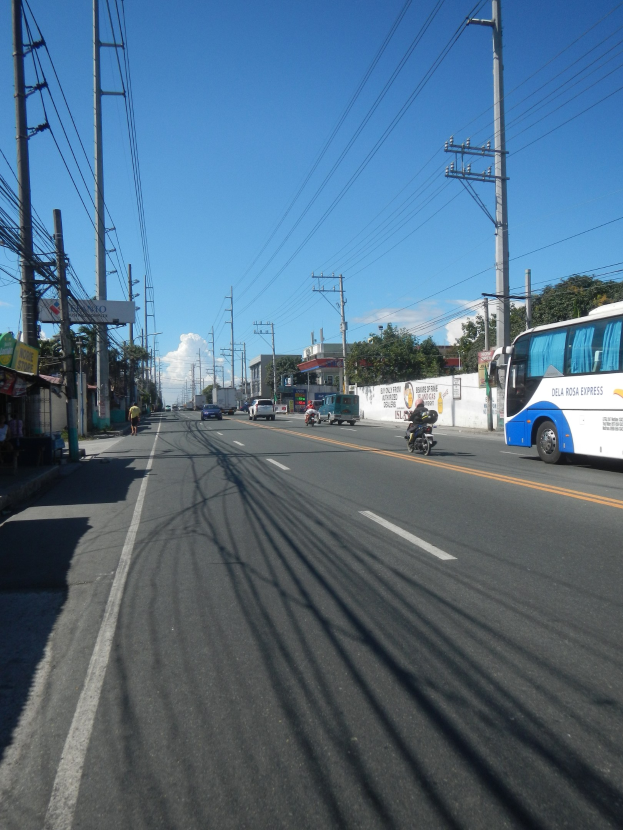 Ein Bus fährt auf einer Straße mit hohen Strommasten und Oberleitungen, flankiert von Geschäften und Fußgängern auf der linken Seite, mit Gebäuden, Bäumen, einer Wand und einem bewölkten Himmel im Hintergrund.