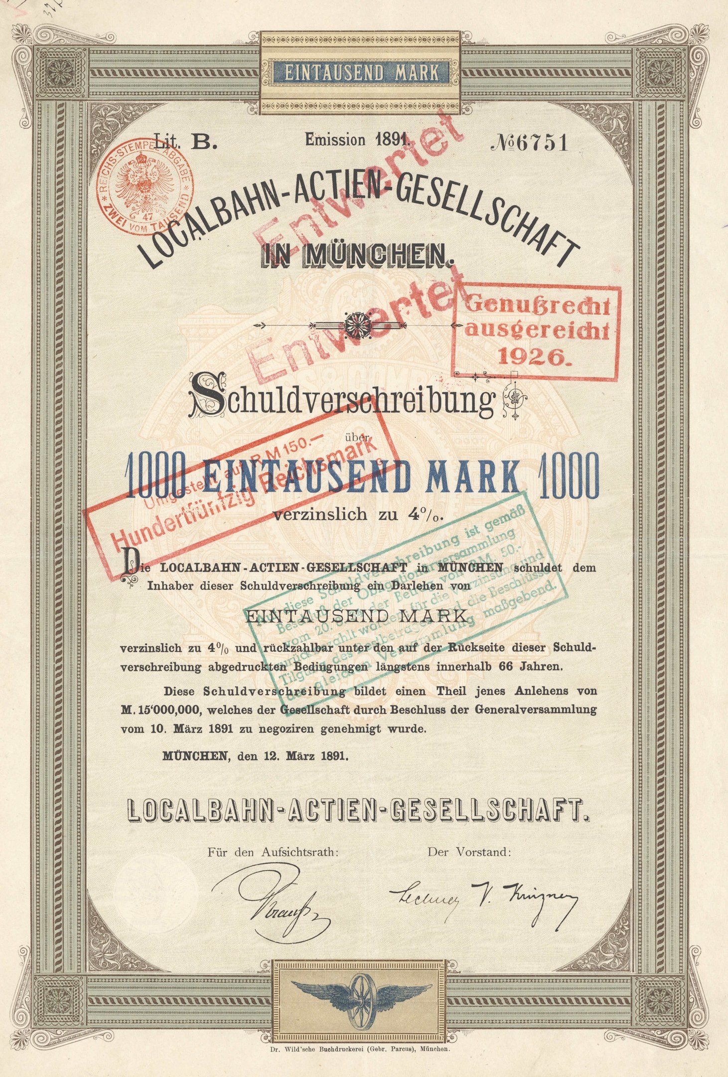 Alte deutsche Aktie mit rotem Stempel und gedrucktem Text.