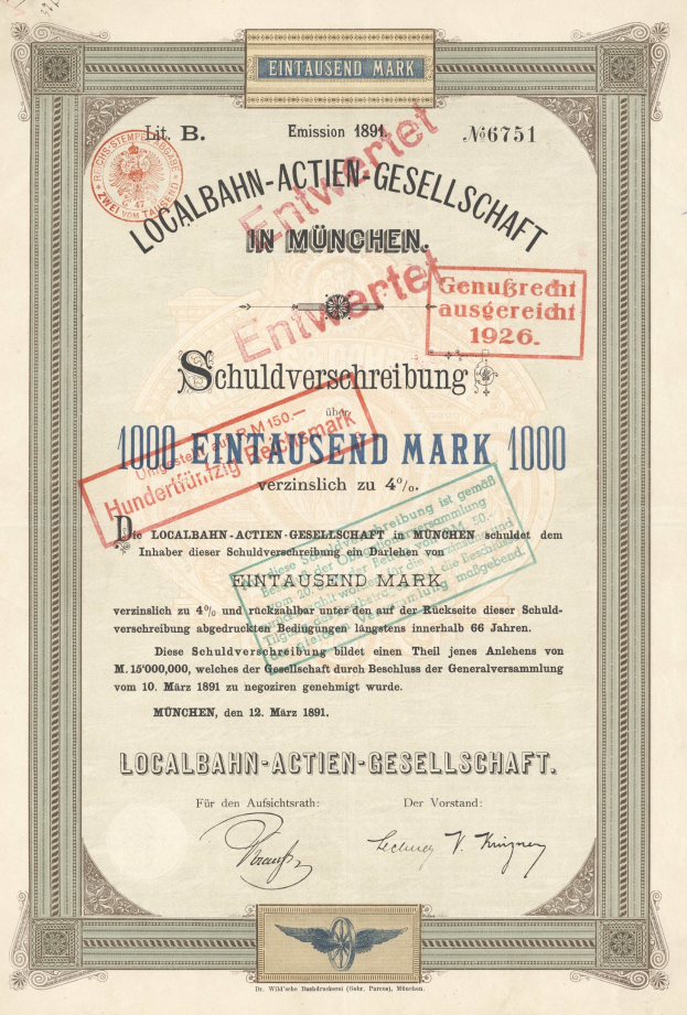 Alte deutsche Aktie mit rotem Stempel und gedrucktem Text.