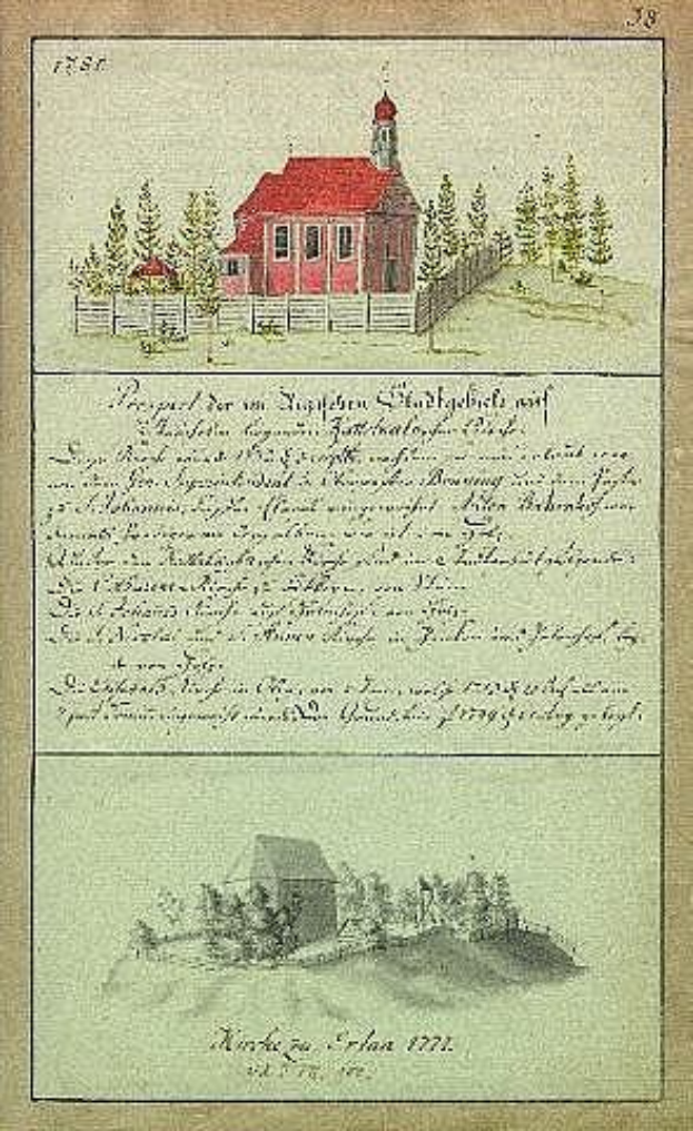 Altes Buch mit einer Illustration eines roten Hauses umgeben von B"umen und einem Zaun, betitelt "Deutsche Schule in den Niederlanden, 1777".