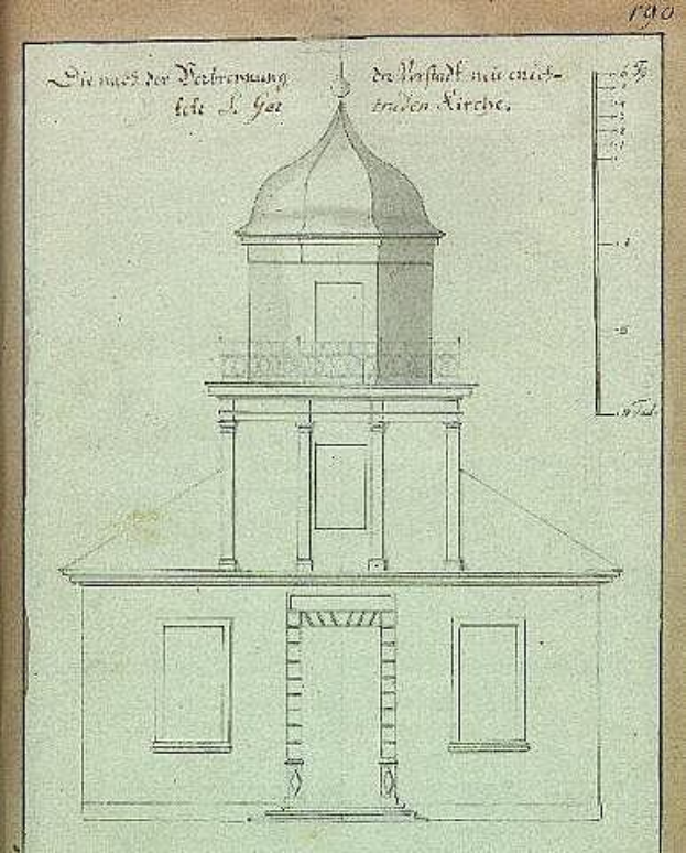 Ein Buch mit einer Zeichnung eines Kuppelbaus, der als die Kirche des Heiligen Grabes in Berlin, Deutschland, identifiziert wird, zusammen mit erklärendem Text.