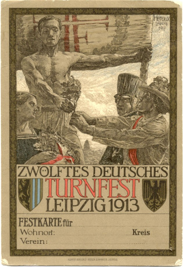 Plakat für das Zwölfte Deutsche Turnfest Leipzig 1913, das eine Gruppe von Menschen in der Mitte mit Text zu den Ereignissen zeigt.