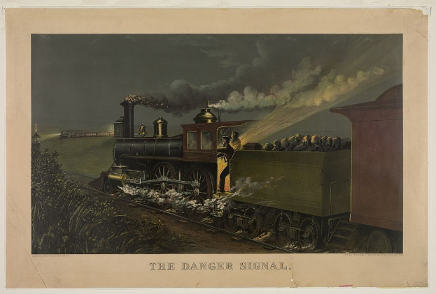 Ein Plakat einer Dampflokomotive auf Schienen mit Rauch, flankiert von Pflanzen auf der linken Seite und einem Himmel-Hintergrund, mit dem Text "Das Gefahrenzeichen" unten.
