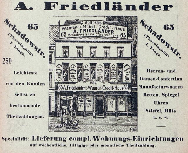 Schwarze Werbung für einen Friedländer-Laden in Deutschland, der ein Gebäude mit Text auf der Fassade zeigt.