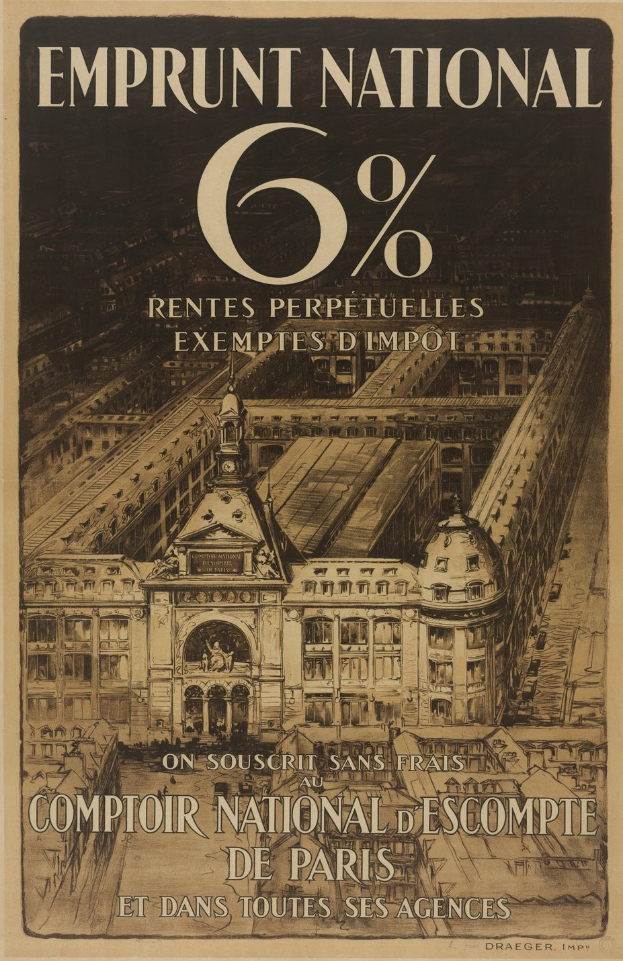 Ein Plakat mit einem zweistöckigen Gebäude mit rotem Dach und weißen Wänden und fetter schwarzer Schrift, die "emprunt national 6% - rentes perpetuelles exemptes impot" auf einem hellblauen Hintergrund liest.