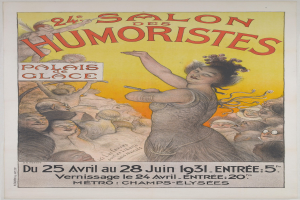 Plakat für den Salon des Humoristes in Paris mit einer Frau inmitten einer Menge und Beschreibungstext.
