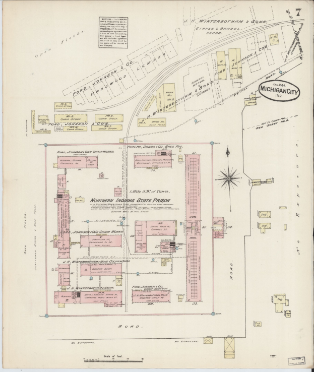 Alte Karte von Detroit, Michigan, mit der Markierung des nordindianischen Staatsgefängnisses