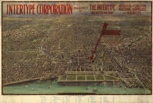 Ein alter Stadtplan von Chicago, Illinois, mit dem Intertype Corporation-Logo und detaillierten Gebäuden, Straßen, Sehenswürdigkeiten und beschreibendem Text.