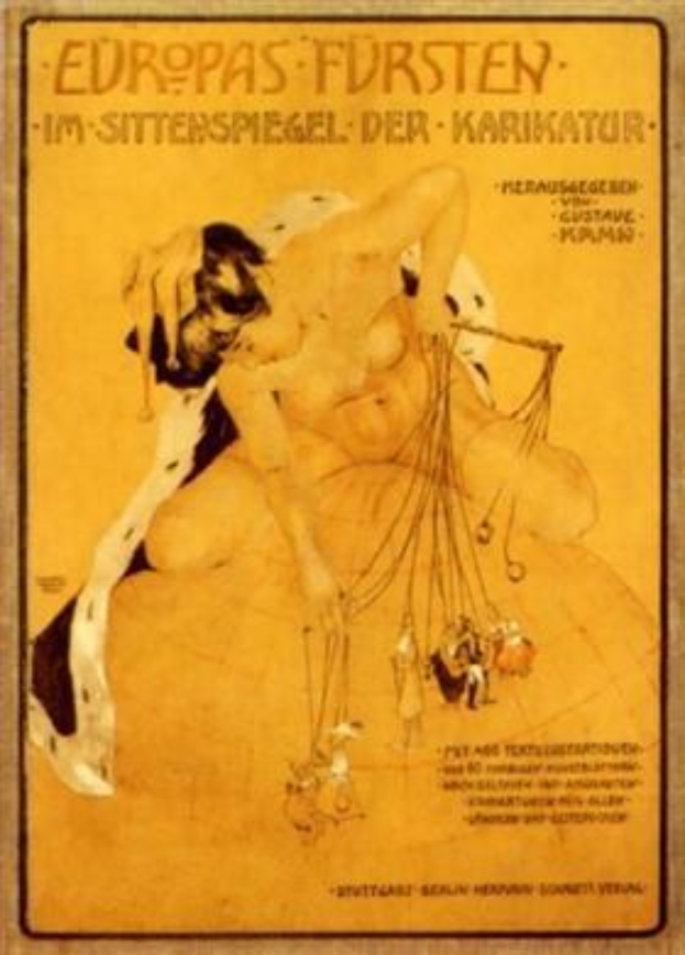 Plakat, das eine Zirkusnummer mit einer Frau in Bikini und einem Mann in Badehose ankündigt, mit der Überschrift "Europas Fursten - Im Sittenspiegel der Karikatur" oben.