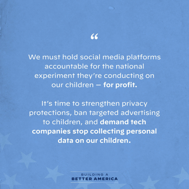 Ein Plakat mit einem Zitat aus Building a Better America, das besagt, "Wir müssen die sozialen Medien-Plattformen für das nationale Experiment zur Rechenschaft ziehen, das sie an unseren Kindern durchführen - zum Profit.", verziert mit Sternen.