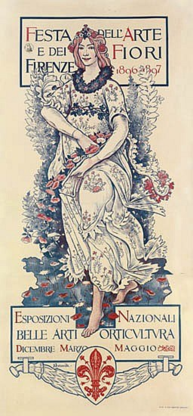 Plakat für ein italienisches Festival, das eine Frau in einem langen weißen Kleid mit hohem Kragen und Ärmeln zeigt, mit einem Dutt, vor einem hellblauen Hintergrund mit fetter schwarzer Schrift.