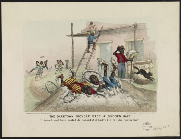 Ein Plakat mit der Aufschrift "Das Darktown-Radrennen - Ein plötzlicher Halt", das eine chaotische Szene mit Radfahrern, die angehalten haben, Menschen auf Leitern, ein Gebäude und verschiedene Gegenstände zeigt.