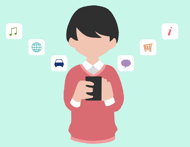 Animierter Mensch, der ein Smartphone hält und App-Icons zeigt, die den Einsatz von Online-Shopping-Apps anzeigen.