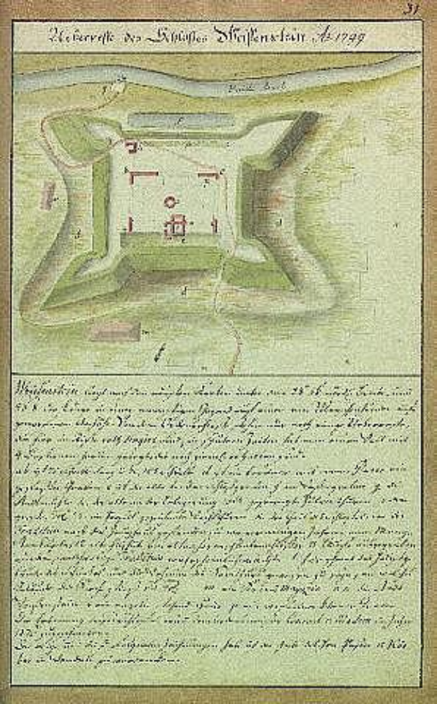 Ein altes Stadtplan von Stuttgart, Deutschland, mit einer Abbildung einer Burg in der Mitte und begleitendem Text, der die Größe, Lage und weitere Merkmale der Burg beschreibt.
