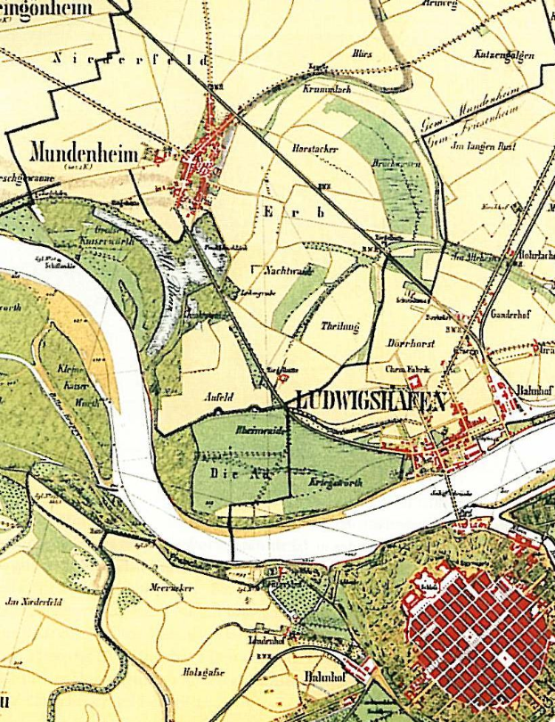 Ein detaillierter alter Stadtplan von Ludwigschaften, Deutschland, der Straßen, Gebäude und Sehenswürdigkeiten zeigt, mit Text zur Ortsangabe.
