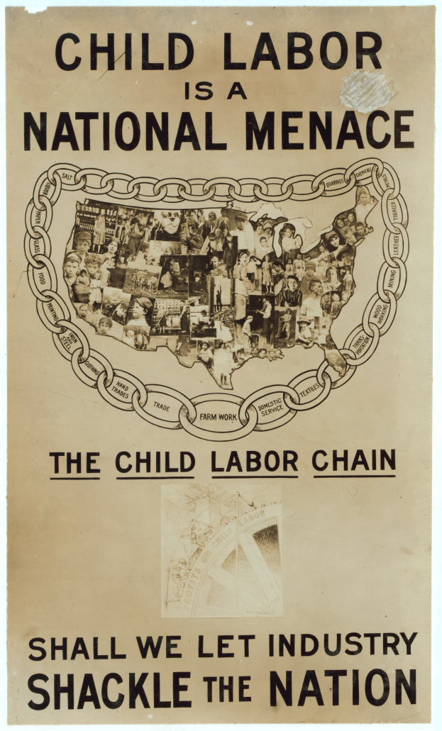 Ein Plakat mit fetter schwarzer Schrift auf einem weißen Hintergrund trägt den Text "Kinderaert ist eine nationale Geisel - Sollen wir die Industrie das Land fesseln lassen", das eine bunte Gruppe von Menschen zeigt, die gemeinsam stehen.