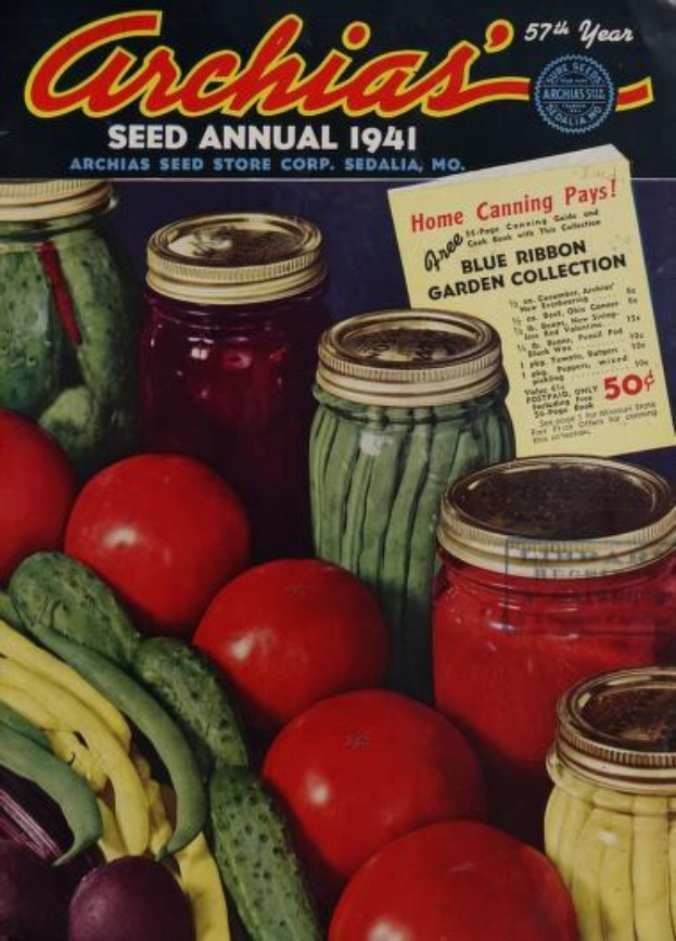 Ein Buch mit dem Titel "Archias Saatgut-Jahrbuch 1941" mit einem Cover, das Tomaten, Gurken, Paprika und Gefäße mit verschiedenen Gemüsen zeigt.