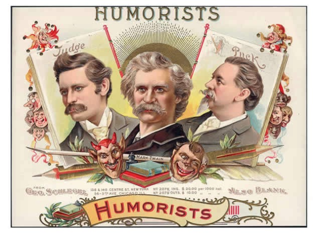 Ein Plakat mit drei Männern in Anzügen und Krawatten mit verschiedenen Gesichtsausdrücken, umgeben von Büchern und Gegenständen, mit dem Text "Humoristen" deutlich sichtbar.