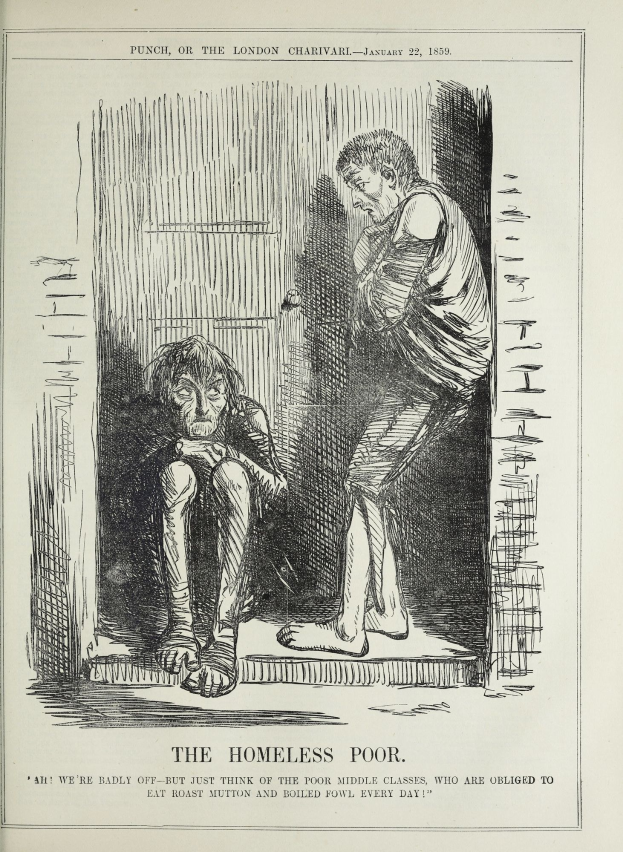 Eine Zeitung mit einer Zeichnung von zwei Personen, eine sitzend und eine stehend, mit der Aufschrift "Die Obdachlosen Armen".