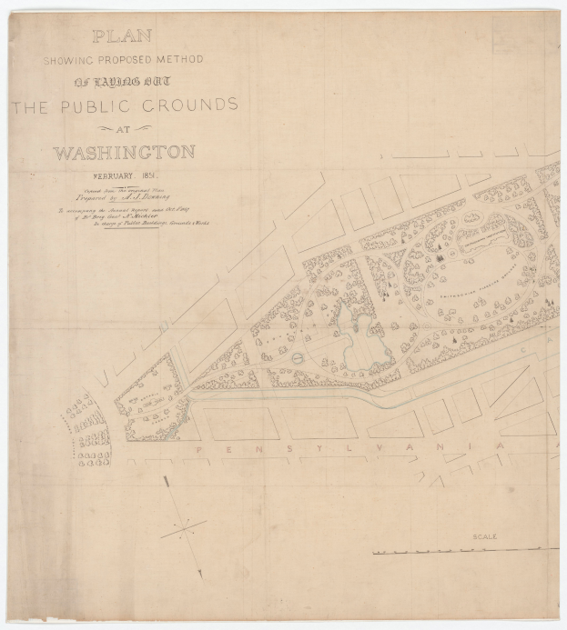 Ein detaillierter Plan der öffentlichen Flächen in Washington, der verschiedene Bereiche und Wege zeigt, mit Text auf dem Papier.