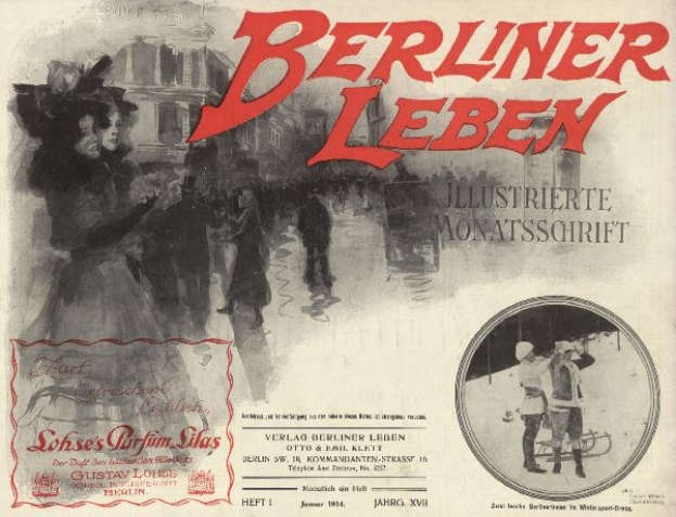 Umschlag eines alten Buches mit dem Titel "Berliner Leben" mit einer Illustration von Menschen in traditioneller deutscher Tracht, die wahrscheinlich die Geschichte oder Kultur Berlins darstellen.