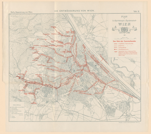 Ein altes Stadtplan von Wien, Deutschland, mit roten Linien, die eine Zugstrecke markieren, auf Papier gedruckt.