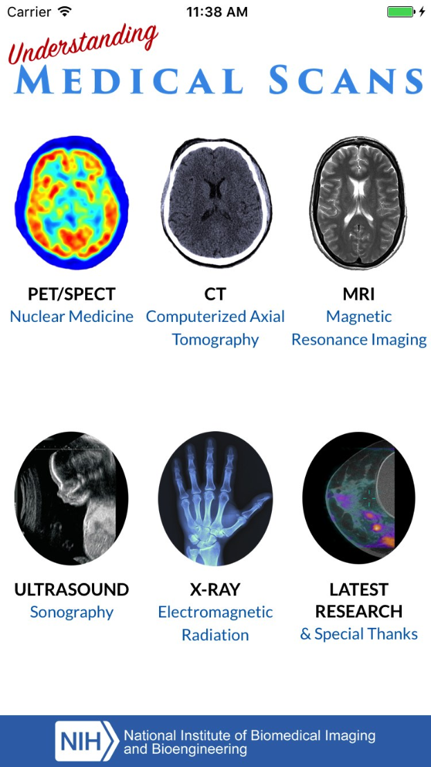 Mobiles Display, das "Medizinische Scan-Analysen" anzeigt, mit einem Raster von etikettierten CT- und MRI-Scan-Bildern auf einem hellblauen Hintergrund.