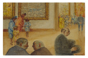 Gemälde mit dem Titel "Die Ausstellung im Museum der Schönen Künste" von Édouard Manet, das formell gekleidete Menschen bei einer Unterhaltung in einem Raum zeigt, der mit verschiedenen Kunstwerken in gedämpften, erdigen Tönen an den Wänden gefüllt ist.