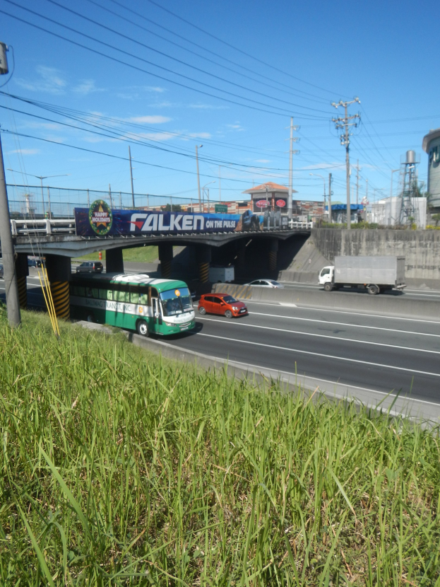 Ein grünter Bus fährt auf einer Autobahn neben hohem Gras, mit einer Brücke, Strommasten mit Drähten, Gebäuden und einem wolkenverhangenen Himmel im Hintergrund.