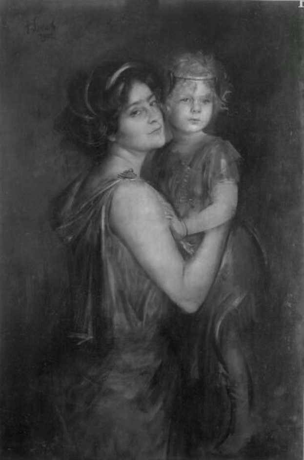 Schwarzes und weißes Porträt einer Frau, die ein Kind hält und sanft auf das Kind schaut, mit dem Kind, das strahlend zu ihr aufschaut, mit dem Text "Mutter und Kind" unten.