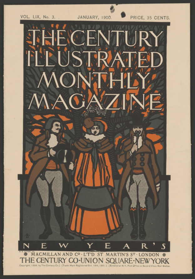 Schwarzer Plakat für *The Century Illustrated Monthly Magazine*, Januar 1900, mit figuren in historischer Kleidung und fettem Text in einem dekorativen Rahmen.
