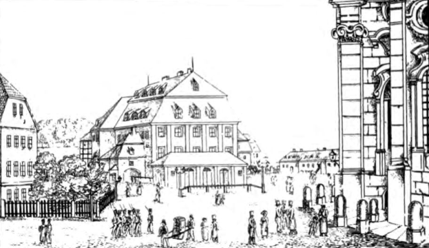 Eine Schwarz-Weiß-Zeichnung eines Stadtplatzes mit Menschen, umgeben von Gebäuden, Bäumen und einem Zaun, mit der Beschriftung '18. Jahrhundert deutsche Architektur' unten.