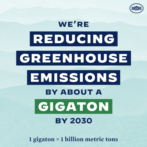 Plakat mit Text und Logo, das 'Wir reduzieren die Treibhausgasemissionen um etwa eine Gigatonne bis 2030' verkündet und damit für eine signifikante Reduzierung der Treibhausgasemissionen bis 2030 eintritt.