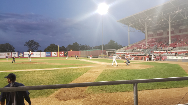 Baseball-Spiel im Jahn-Stadion mit Zuschauern auf den Tribünen, Geländer im Vordergrund, Bäume, Pfosten, Lichter, Werbetafeln und blauem Himmel im Hintergrund.