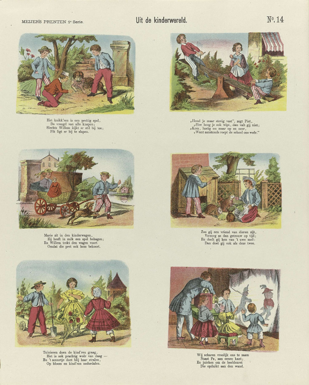 Ein aufgeschlagenes Buch mit Illustrationen von Kindern, die in einem Park spielen, umgeben von Bäumen, Gebäuden und einem Wagen, zusammen mit Text.