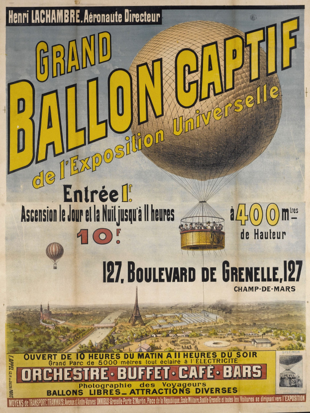 Plakat, das die große Ballon-Kaptiw an der Exposition Universelle 1900 ankündigt, mit Heißluftballons, Gebäuden, Bäumen und Himmel mit Text.