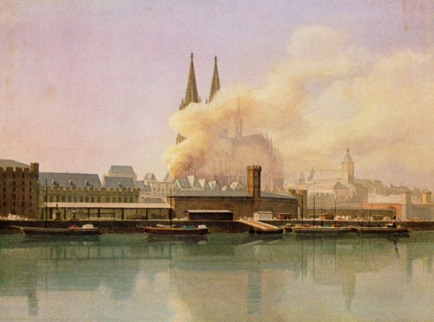 Gemälde einer 19. Jahrhundert-Köln-Stadtlandschaft mit Booten, Gebäuden, Rauch und Himmel, betitelt "Köln, Deutschland im 19. Jahrhundert" unten.