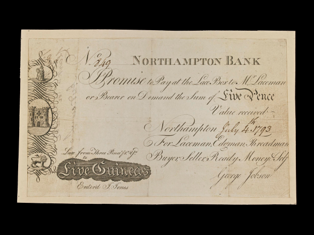 Ein alter Bankschein aus Northampton mit einem Porträt eines Mannes und gedrucktem Text, der Informationen über die Bank enthält.