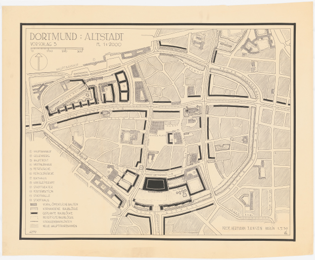 Ein detaillierter alter Stadtplan von Dortmund, Deutschland, der Straßen, Gebäude, Sehenswürdigkeiten und Textinformationen auf einem weißen Hintergrund zeigt.