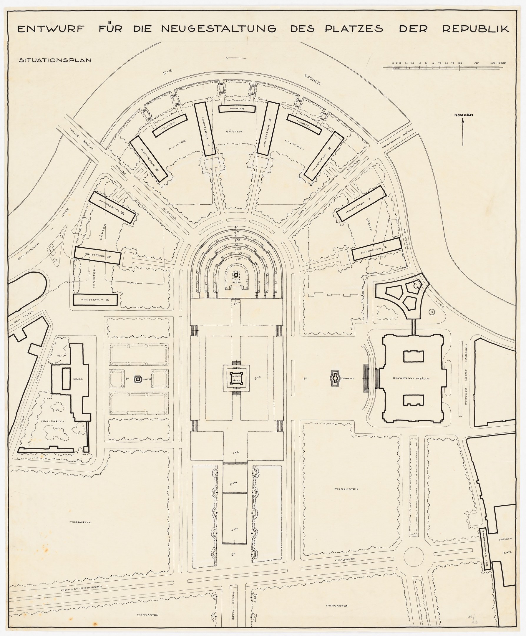 Stadtplan von Berlin, Deutschland, mit einer Gebäudezeichnung in der Mitte und Text, der das Stadtlayout und die umliegende Gegend beschreibt.