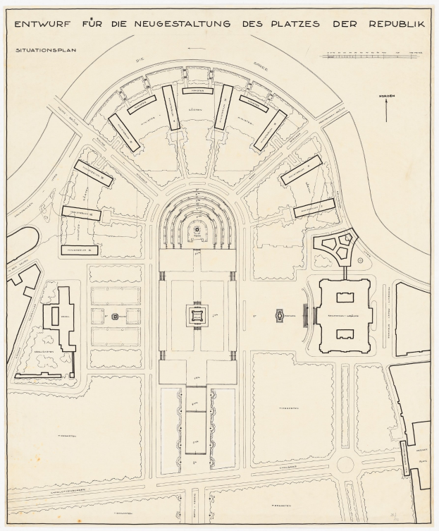 Stadtplan von Berlin, Deutschland, mit einer Gebäudezeichnung in der Mitte und Text, der das Stadtlayout und die umliegende Gegend beschreibt.